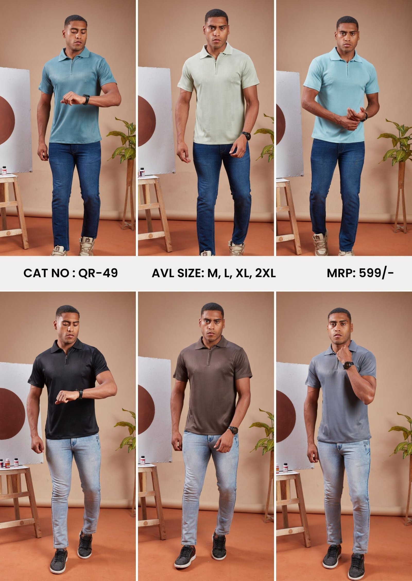 QR-49 Men’s Polo Zip T-Shirt – Sports & Smart Casual Wear | Wholesale Price | Box Pack of 6 Pcs - Image 1