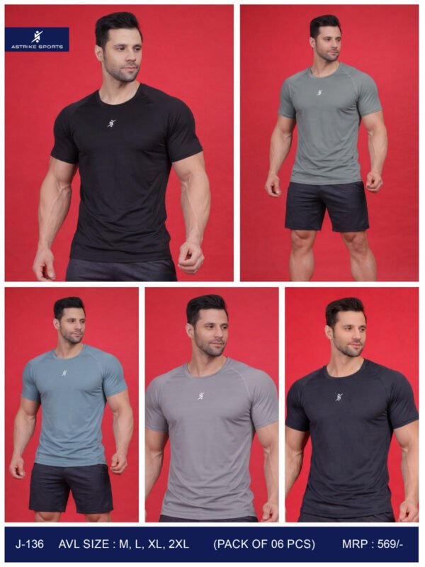 Men Solid Slim Fit Round Neck Compression T-shirt at Wholesale Price J-136 | 6 Pcs Box